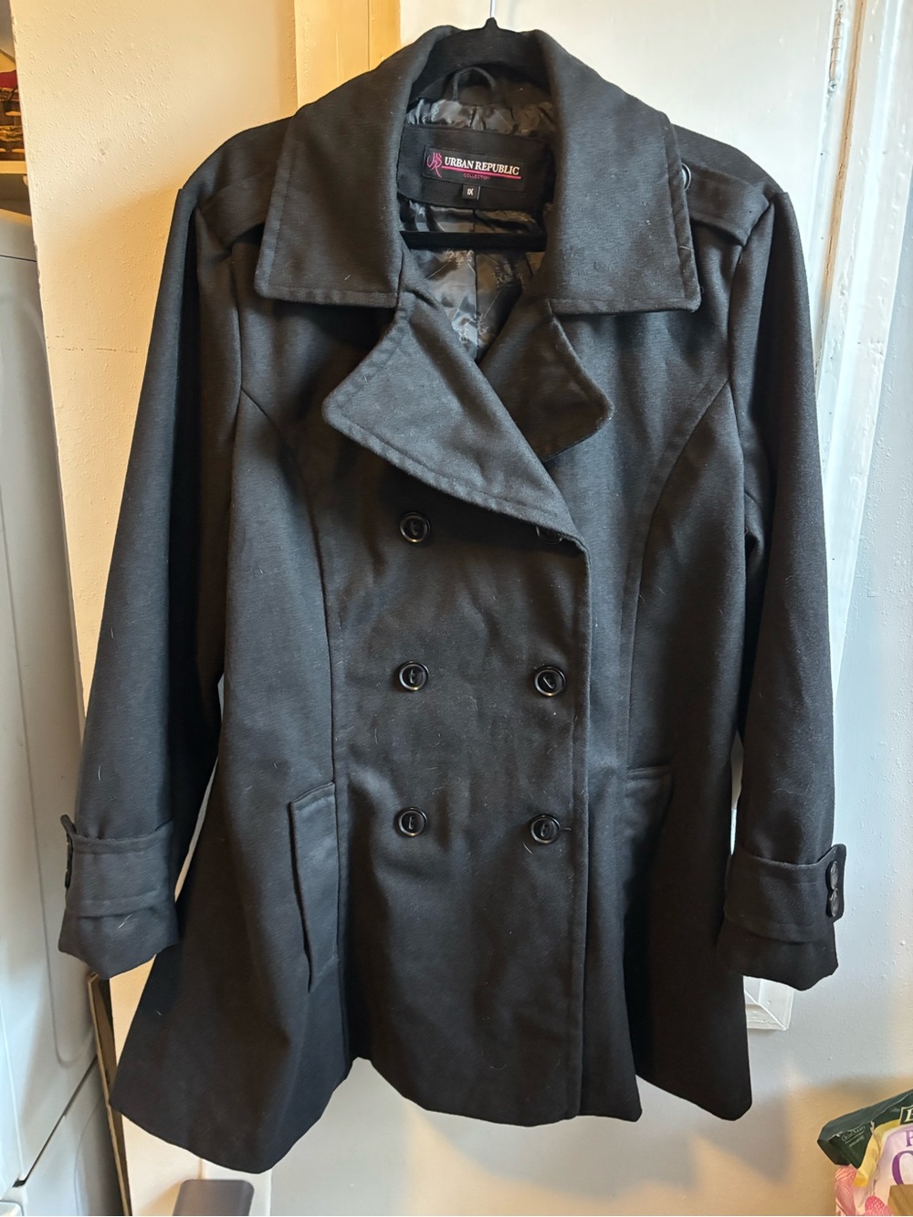 Urban Republic Women's Black Double-Breasted Pea Coat with Notch Collar